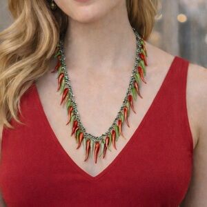 Vintage Red & Green Glass Chili Peppers Long Necklace